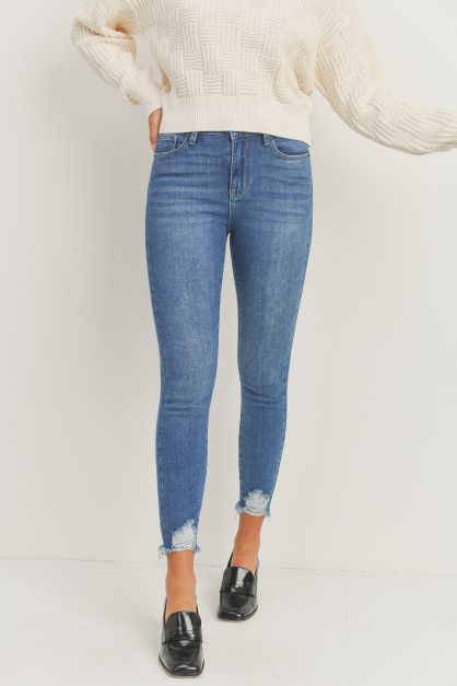 HR ANKLE SKINNY JEANS WITH DESTROYED HEM