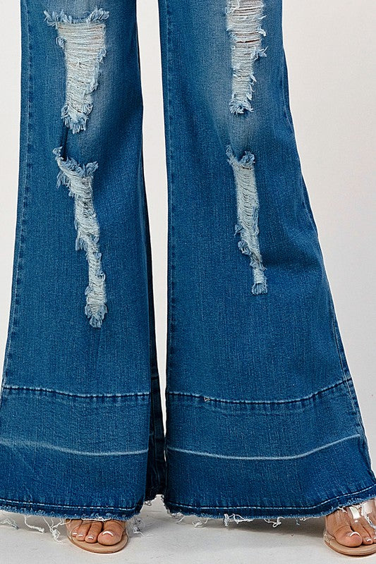 STRETCH DISTRESSED EXTRA FLARED LEG DENIM OVERALLS