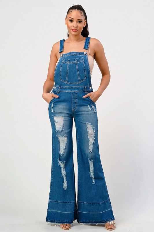 STRETCH DISTRESSED EXTRA FLARED LEG DENIM OVERALLS