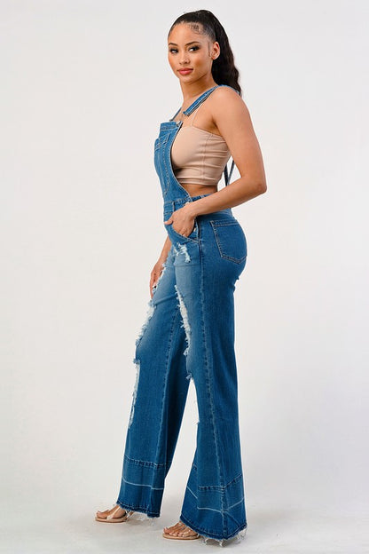 STRETCH DISTRESSED EXTRA FLARED LEG DENIM OVERALLS