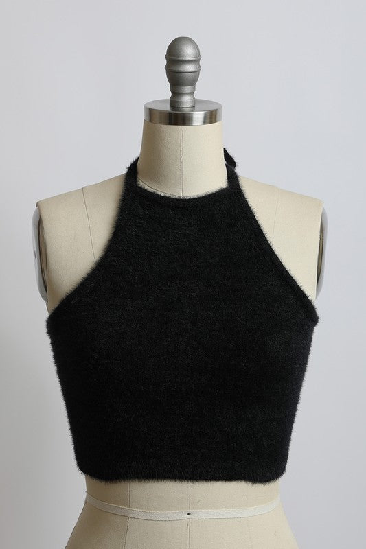 Fuzzy Sweater Halter Cropped Top