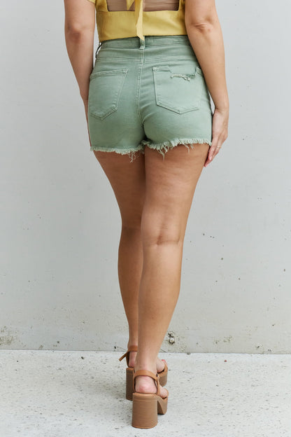 RISEN Katie Full Size High Waisted Distressed Shorts in Gum Leaf